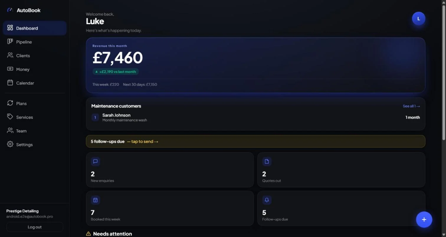 AutoBook dashboard on the web
